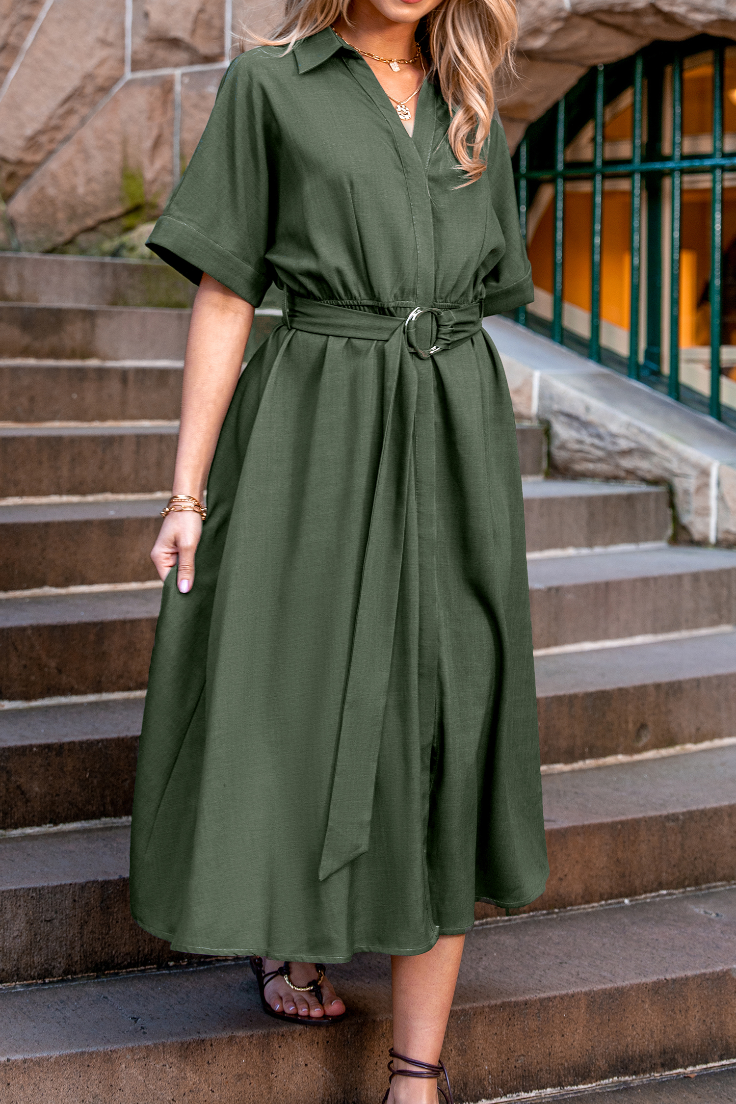 Green Collared Short Sleeve Midi Dress